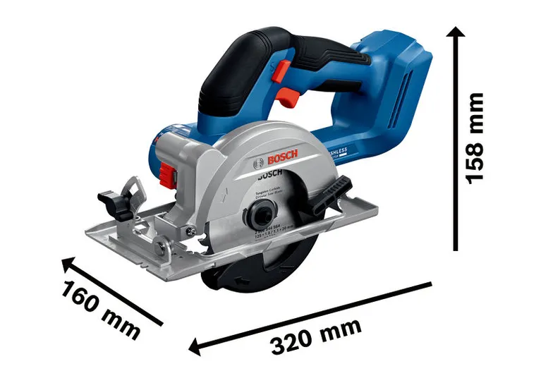 BoschGKS 18V-44 コードレス丸ノコ（寸法付き）。