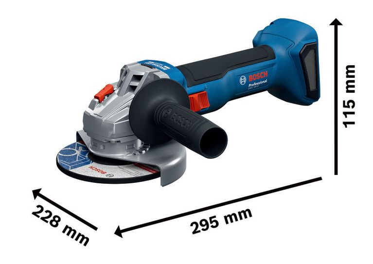Bosch GWS 18V-8 コードレス アングル グラインダーの寸法。