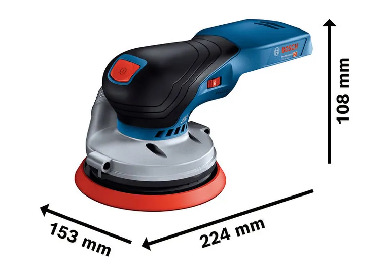 BoschGEX 18V-125 コードレスランダムオービットサンダーの寸法。