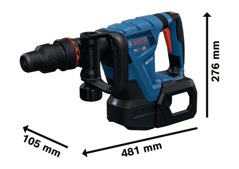 BoschGSH 18V-5 コードレス解体ハンマー、SDS最大トルク、全長481mm。