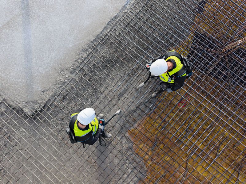 安全装備とバックパックを身に着けた2人が、建設現場の鉄筋グリッド上で工具を使用している。