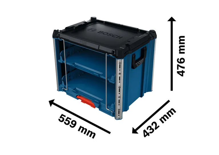 BoschL-BOXX コントラクターラック 2 キャリングケース（寸法付き）。