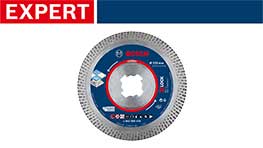 ボッシュのエキスパートダイヤモンドブレード、銀色の外周、中央に穴。