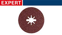 ブラウンの研磨ディスクが背景に赤と青のロゴと共に表示されている。