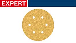 黄色のサンディングディスク、六つの穴、上部に赤い「EXPERT」ロゴ。