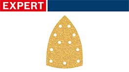 金色の研磨パッドが白い穴のあるデザインで、上部に赤いブランド名。