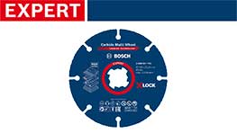 青いボッシュエキスパート切断ホイールが白い背景に置かれています。