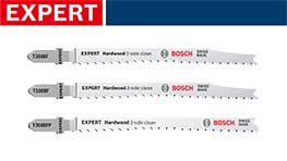 ボッシュのEXPERTジグソーブレードが3本、白い背景に並んでいる。