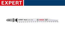 ボッシュの白い木工用ブレードが背景の青いロゴの上に置かれています。