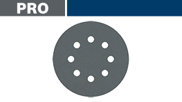 ボッシュのグレーのサンダーディスク、中央に穴があり、周囲に小穴がある。