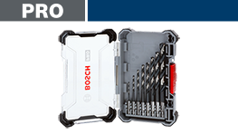 ボッシュのプロ用ドリルビットセットが白いケースに収められている。